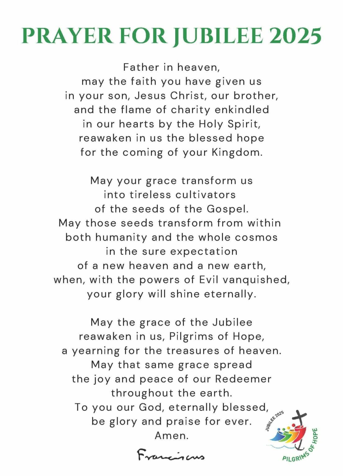 Pope Francis' Prayer for the Jubilee Year of Hope 2025 Armagh Parish